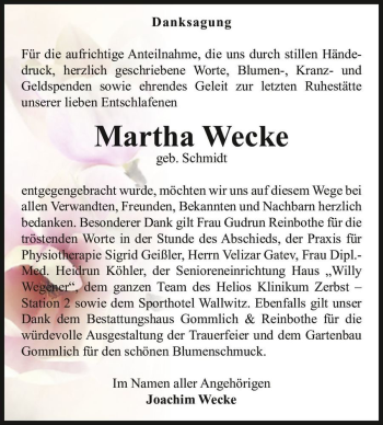 Traueranzeige von Martha Wecke (geb. Schmidt)  von Magdeburger Volksstimme