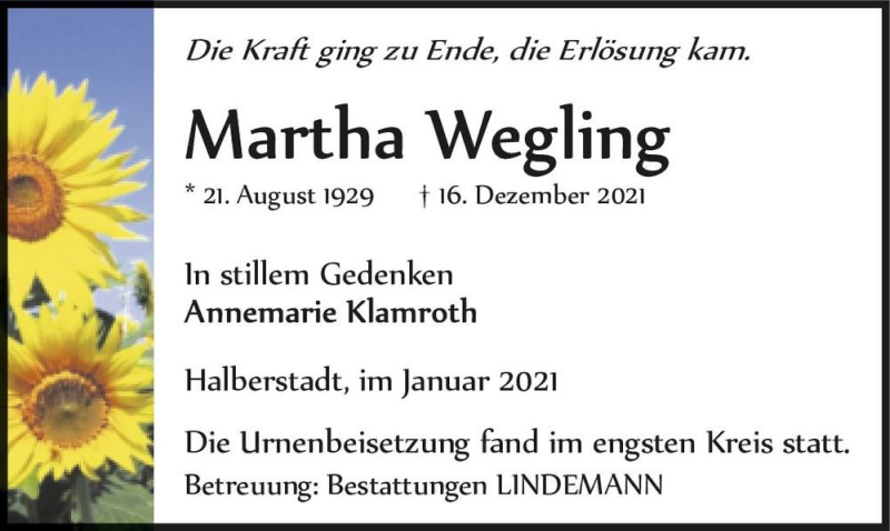  Traueranzeige für Martha Wegling  vom 08.01.2022 aus Magdeburger Volksstimme