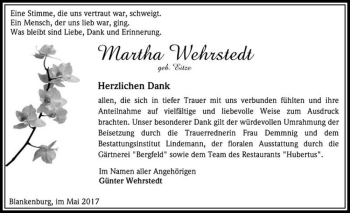 Traueranzeige von Martha Wehrstedt (geb. Eitze)  von Magdeburger Volksstimme
