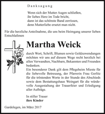 Traueranzeige von Martha Weick  von Magdeburger Volksstimme
