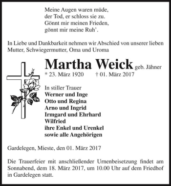 Traueranzeige von Martha Weick (geb. Jähner)  von Magdeburger Volksstimme