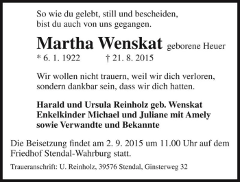 Traueranzeige von Martha Wenskat (geb. Heuer)  von Magdeburger Volksstimme