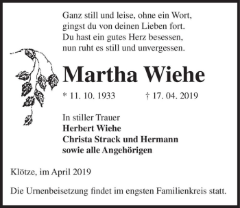 Traueranzeige von Martha Wiehe  von Magdeburger Volksstimme