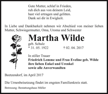 Traueranzeige von Martha Wilde (geb. Schulz)  von Magdeburger Volksstimme