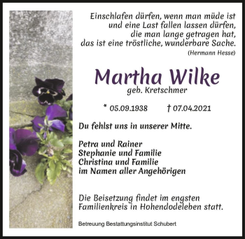 Traueranzeige von Martha Wilke (geb. Kretschmer)  von Magdeburger Volksstimme