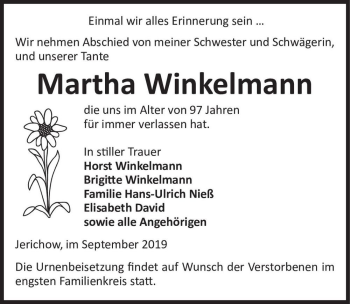 Traueranzeige von Martha Winkelmann  von Magdeburger Volksstimme