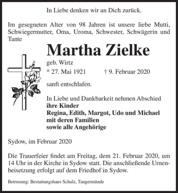 Traueranzeige von Martha Zielke (geb. Wirtz)  von Magdeburger Volksstimme
