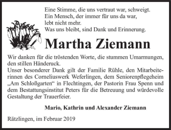Traueranzeige von Martha Ziemann  von Magdeburger Volksstimme