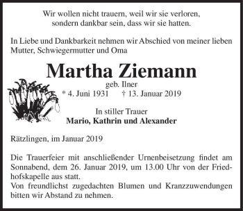 Traueranzeige von Martha Ziemann (geb. Ilner)  von Magdeburger Volksstimme