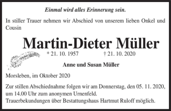 Traueranzeige von Martin-Dieter Müller  von Magdeburger Volksstimme