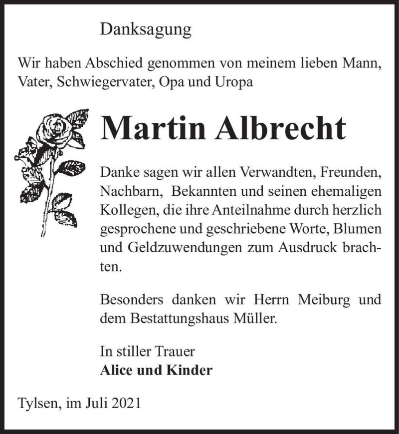  Traueranzeige für Martin Albrecht  vom 13.07.2021 aus Magdeburger Volksstimme