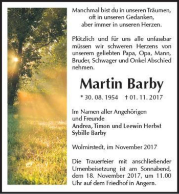 Traueranzeige von Martin Barby  von Magdeburger Volksstimme