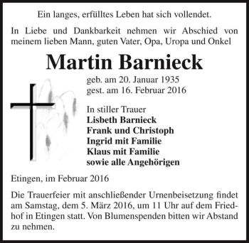 Traueranzeige von Martin Barnieck  von Magdeburger Volksstimme