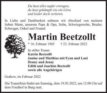 Traueranzeige von Martin Beetzollt  von Magdeburger Volksstimme