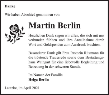 Traueranzeige von Martin Berlin  von Magdeburger Volksstimme