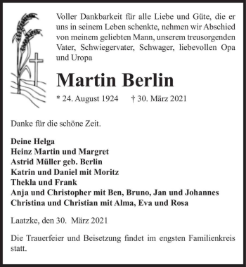 Traueranzeige von Martin Berlin  von Magdeburger Volksstimme