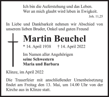 Traueranzeige von Martin Beuchel  von Magdeburger Volksstimme