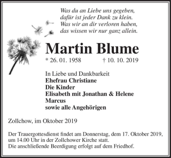 Traueranzeige von Martin Blume  von Magdeburger Volksstimme