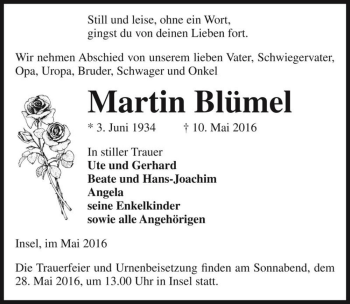 Traueranzeige von Martin Blümel  von Magdeburger Volksstimme