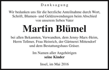 Traueranzeige von Martin Blümel  von Magdeburger Volksstimme