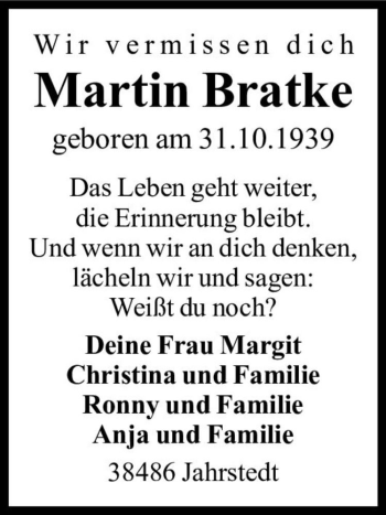 Traueranzeige von Martin Bratke  von Magdeburger Volksstimme