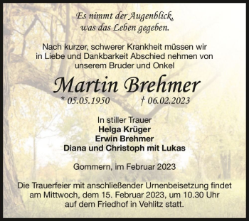 Traueranzeige von Martin Brehmer  von Magdeburger Volksstimme