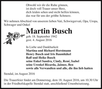 Traueranzeige von Martin Busch  von Magdeburger Volksstimme