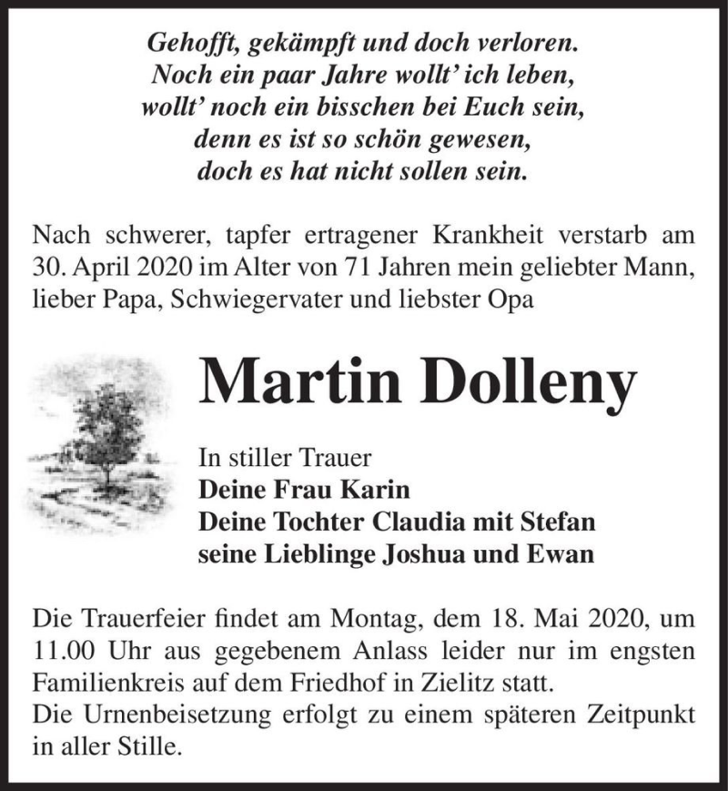  Traueranzeige für Martin Dolleny  vom 09.05.2020 aus Magdeburger Volksstimme