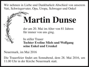 Traueranzeige von Martin Dunse  von Magdeburger Volksstimme
