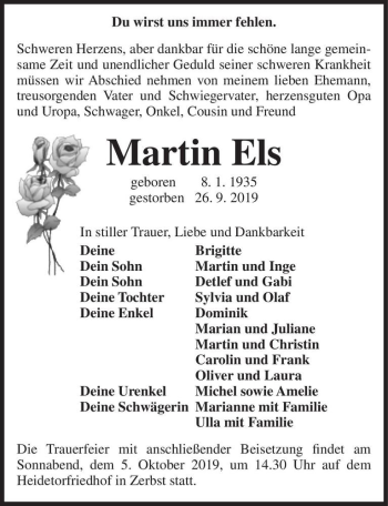 Traueranzeige von Martin Els  von Magdeburger Volksstimme
