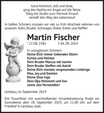 Traueranzeige von Martin Fischer  von Magdeburger Volksstimme