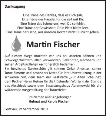 Traueranzeige von Martin Fischer  von Magdeburger Volksstimme