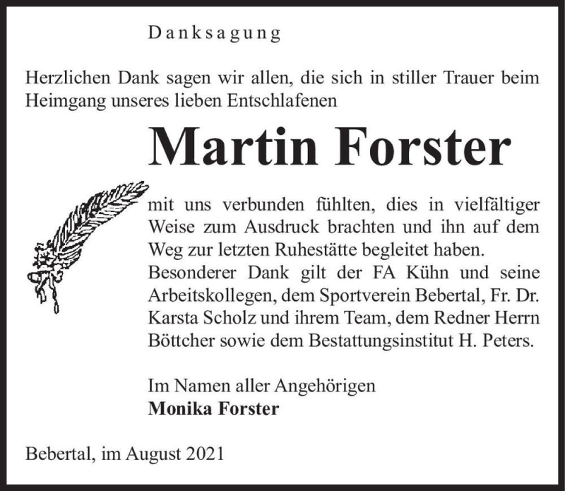  Traueranzeige für Martin Forster  vom 25.08.2021 aus Magdeburger Volksstimme