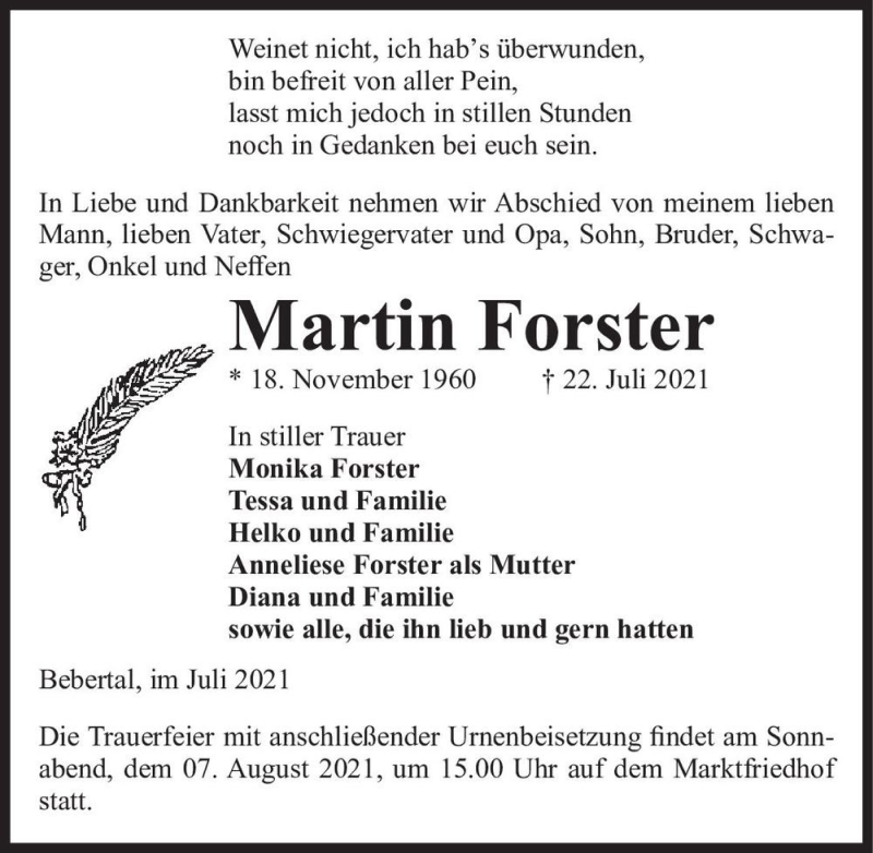  Traueranzeige für Martin Forster  vom 27.07.2021 aus Magdeburger Volksstimme