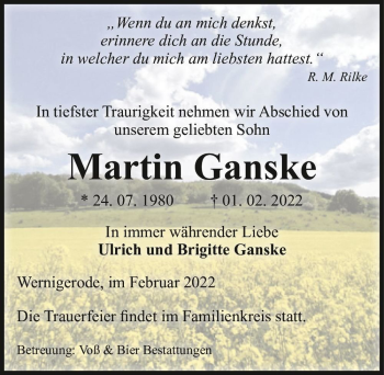 Traueranzeige von Martin Ganske  von Magdeburger Volksstimme