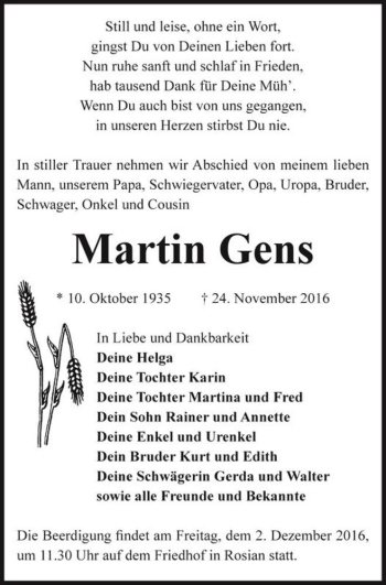 Traueranzeige von Martin Gens  von Magdeburger Volksstimme