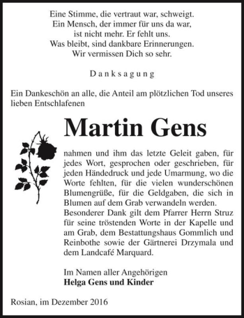 Traueranzeige von Martin Gens  von Magdeburger Volksstimme