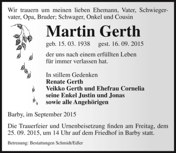 Traueranzeige von Martin Gerth  von Magdeburger Volksstimme