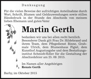 Traueranzeige von Martin Gerth  von Magdeburger Volksstimme