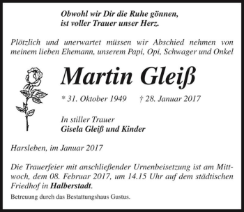 Traueranzeige von Martin Gleiß  von Magdeburger Volksstimme