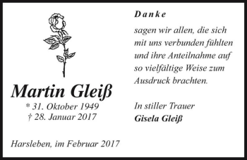 Traueranzeige von Martin Gleiß  von Magdeburger Volksstimme