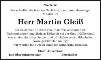 Traueranzeige von Martin Gleiß  von Magdeburger Volksstimme
