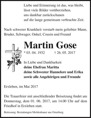 Traueranzeige von Martin Gose  von Magdeburger Volksstimme
