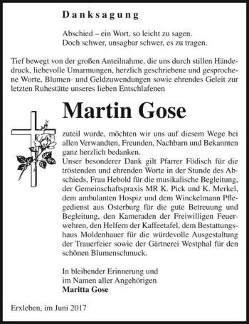 Traueranzeige von Martin Gose  von Magdeburger Volksstimme