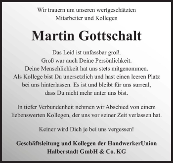 Traueranzeige von Martin Gottschalt  von Magdeburger Volksstimme