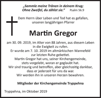 Traueranzeige von Martin Gregor  von Magdeburger Volksstimme
