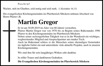 Traueranzeige von Martin Gregor  von Magdeburger Volksstimme