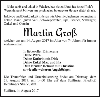 Traueranzeige von Martin Groß  von Magdeburger Volksstimme