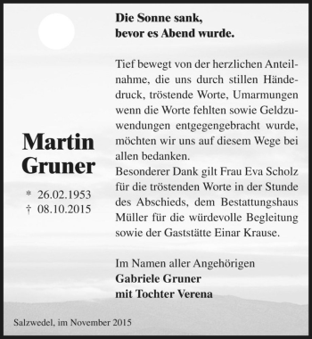 Traueranzeige von Martin Gruner  von Magdeburger Volksstimme