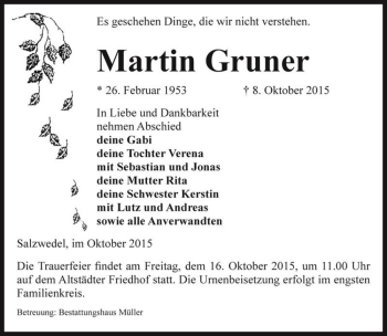 Traueranzeige von Martin Gruner  von Magdeburger Volksstimme